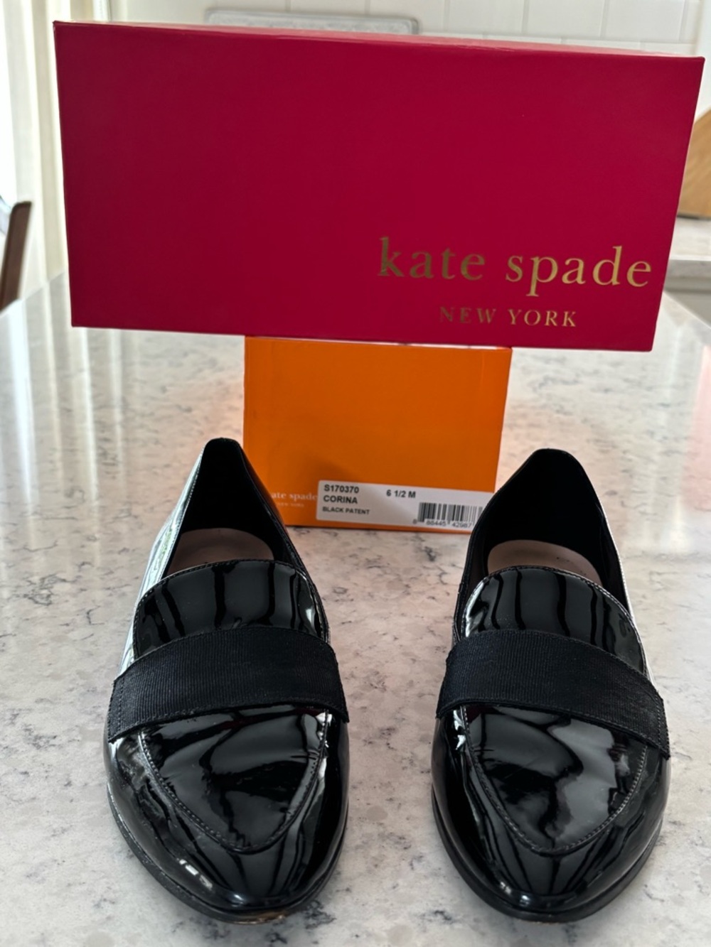 kate spade black patent Corina loafers with elastic strap